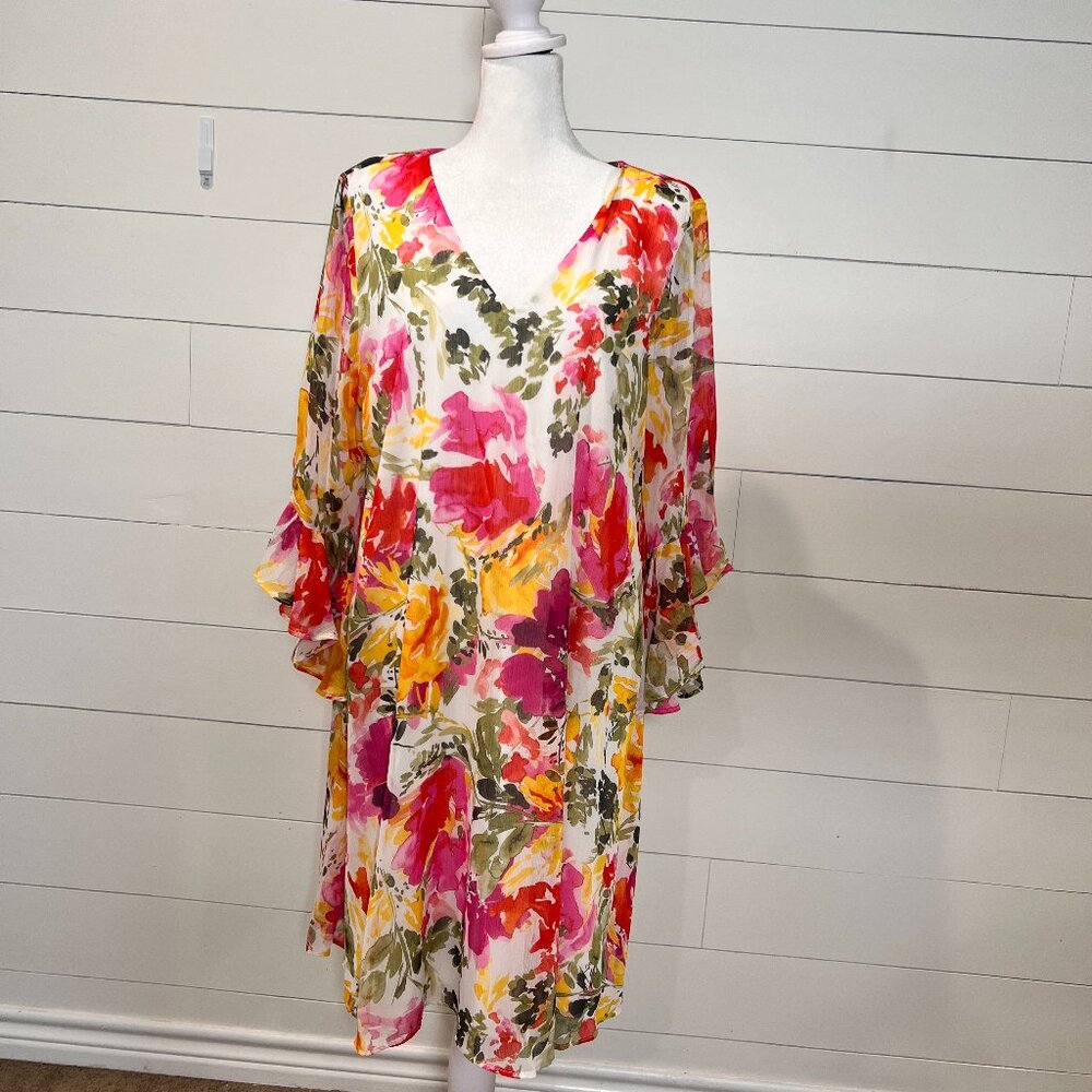 Calvin Klein Sheer Floral Dress w/ Flutter Sleeve Size 14